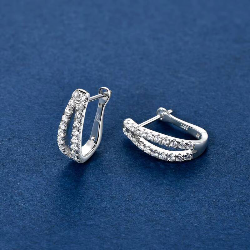 GRA Certificated 15mm 0015ct 40pcs Moissanite 925 Sterling Silver Hoop Double Row U Shape Hoop Earrings for Women