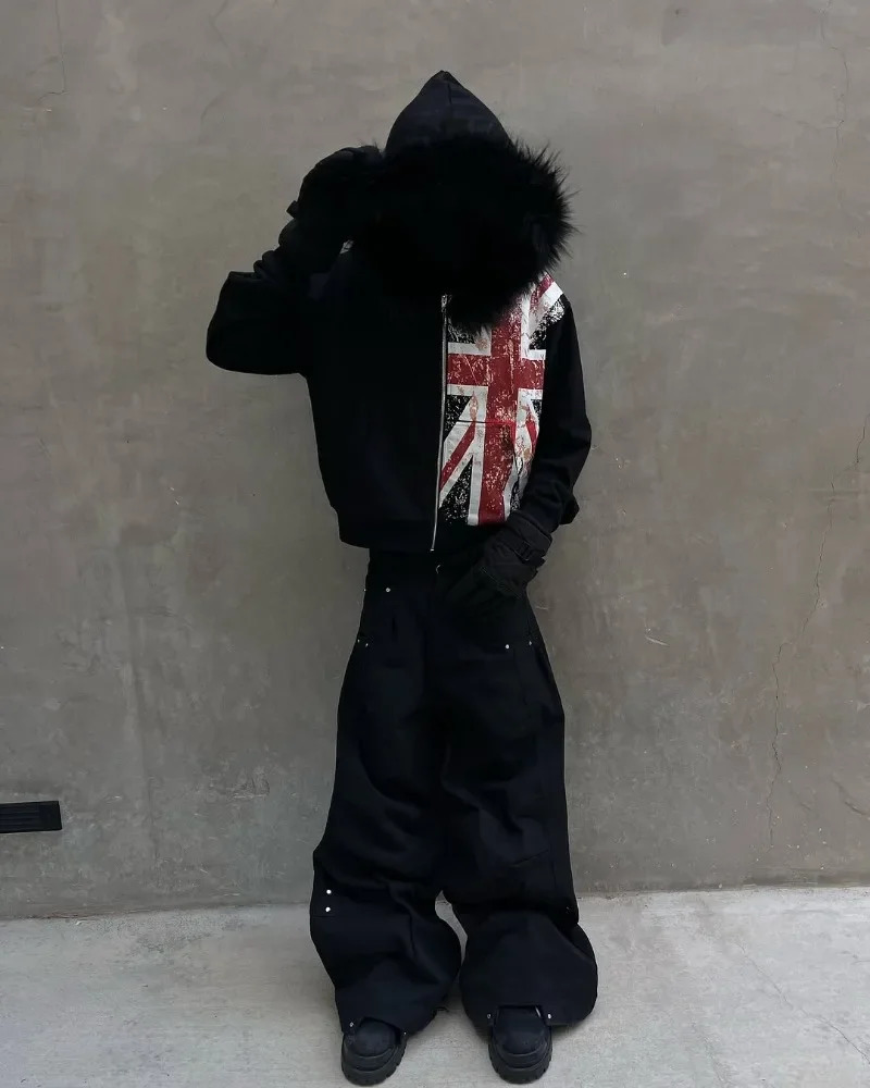 American Retro Fur Collar Flag Printing Oversize Zipper Hoodie Mens and Womens Y2K Harajuku Hip Hop Goth Casual Sweatshirt 251024
