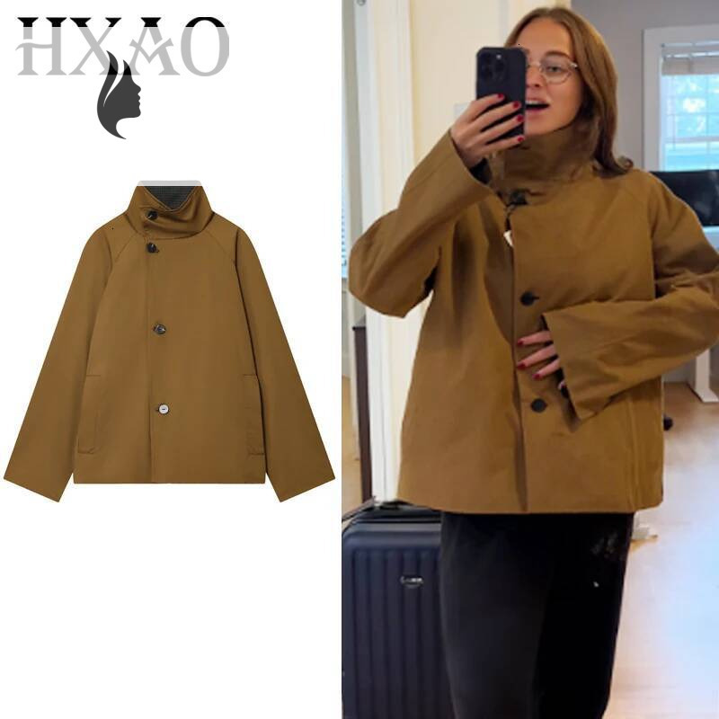 winter jacket women HXAO Women's Autumn Crop Reversible Trench New In Coat & Jacket Asymmetric Button High Neck Long Sleeve Windbreaker