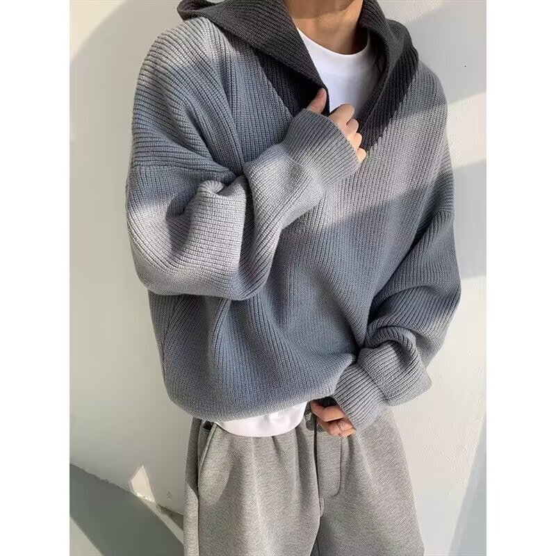 Autumn Winter Color-block V-neck Hooded Designer Sweater Knit Sweater Men's Lazy Style Trendy High Street Pullover Simple Sweater Jacket