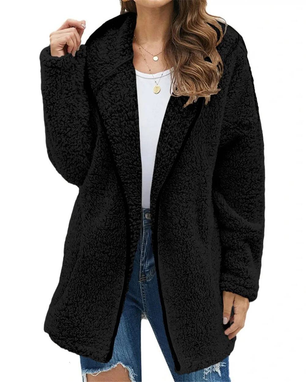 winter jacket women Autumn and Winter New Casual Solid Colour Lapel Hooded Long-sleeved Plush Sweater Fleece Jacket