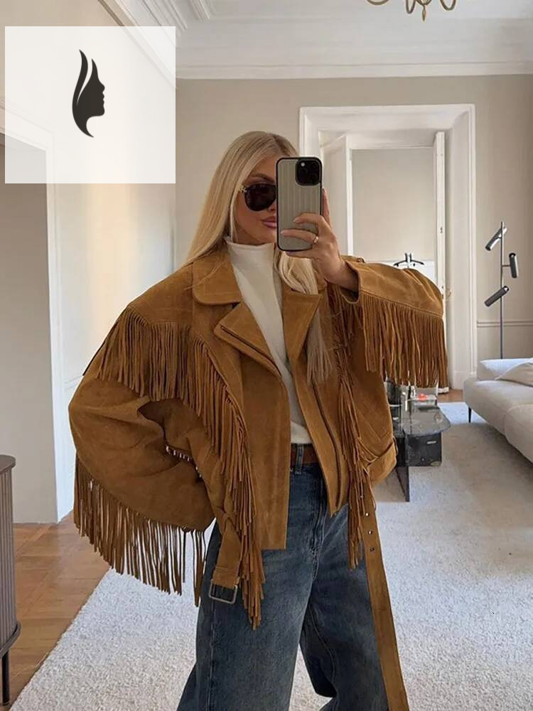 winter jacket women Women's Brown Tassel Suede Jacket Zipper Long Sleeve Lapel Belt Loose Jackets Lady Autumn Daily Street Outerwear 2025 New
