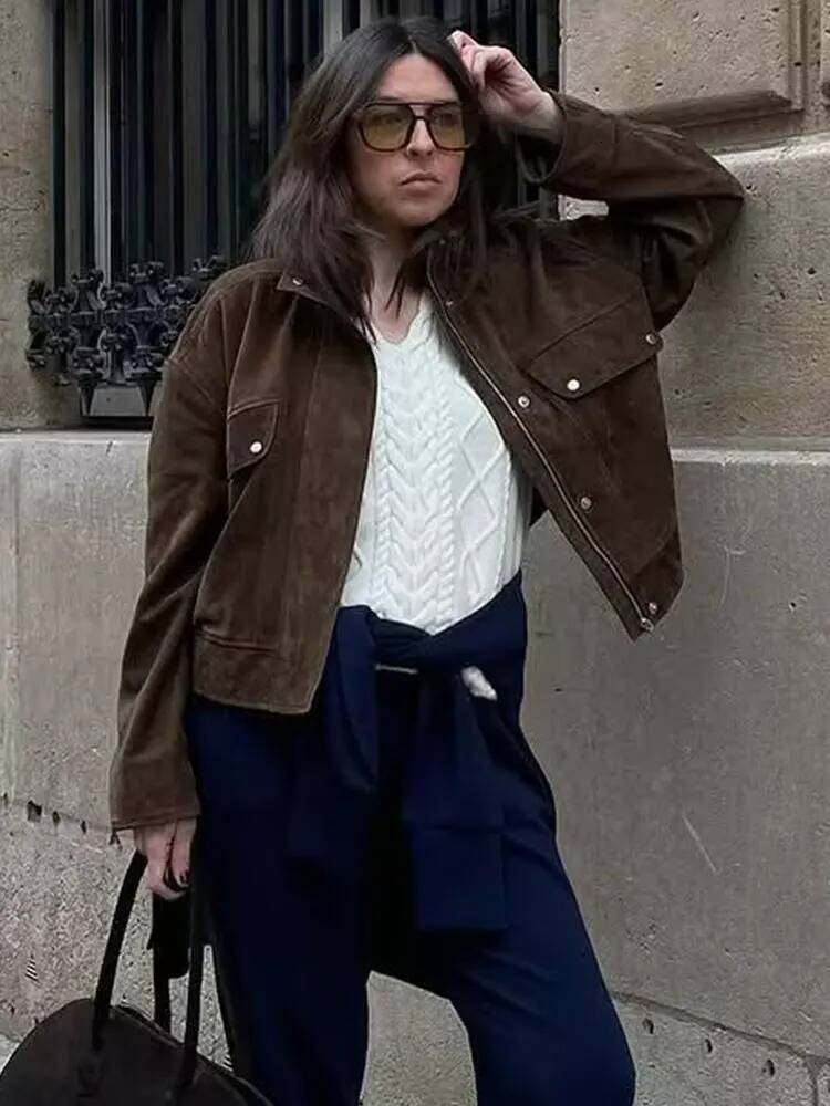 winter jacket women HH Women Vintage Solid Suede Coat Turtleneck Long Sleeve Zipper Bomber Jacket Outerwears Autumn Casual Female Streetwear