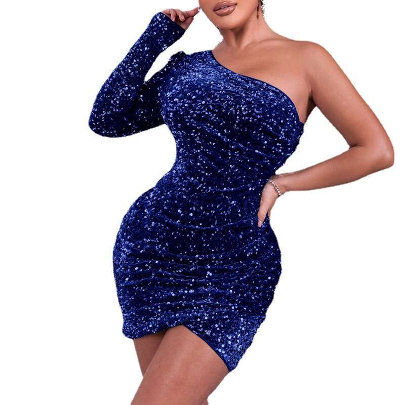 2025 New Sexy One-Shoulder Sequin High-End Solid Color Evening Gown Hot Girl Bodycon Dress