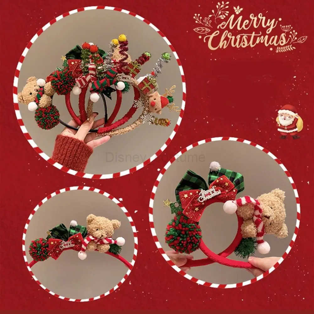 Disney Christmas Decoration Christmas Headband Santa Elk Hair Hoop Antlers Headband Reindeer Party Dress Up Plush Bow Red Hair Band Men H251027