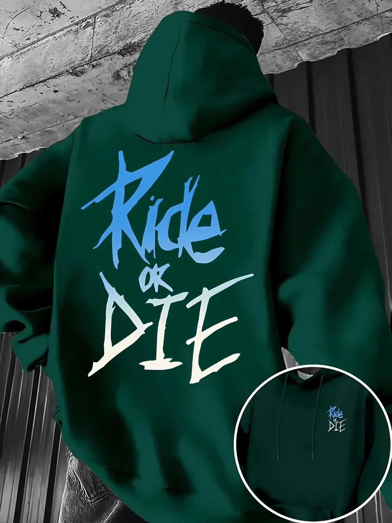 Mens Hoodie with Ride or Die Lettering Print Adult Pullover Sweatshirt Street Casual Comfortable HipHop Long Sleeve Top W251027
