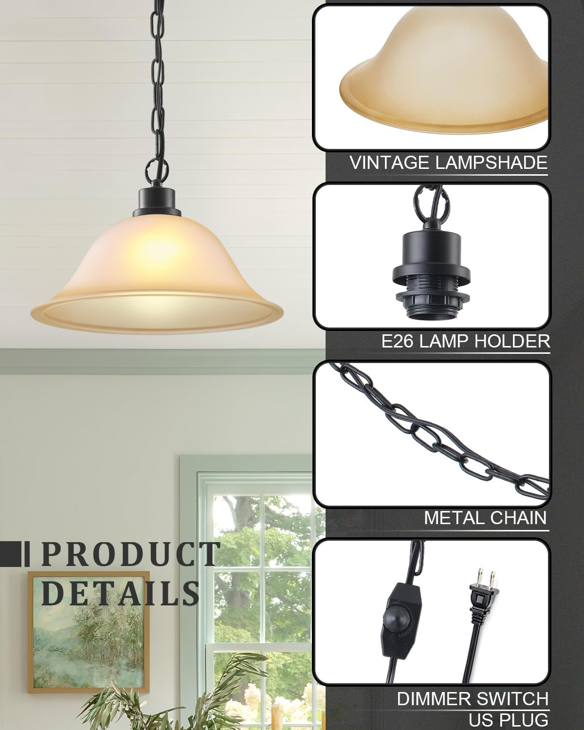 Frosted Alabaster Plug in Pendant Light,12" Glass Shade,Black Chain,Adjustable Pendant Light,No Light Source,for Kitchen,Bedroom,Living Room