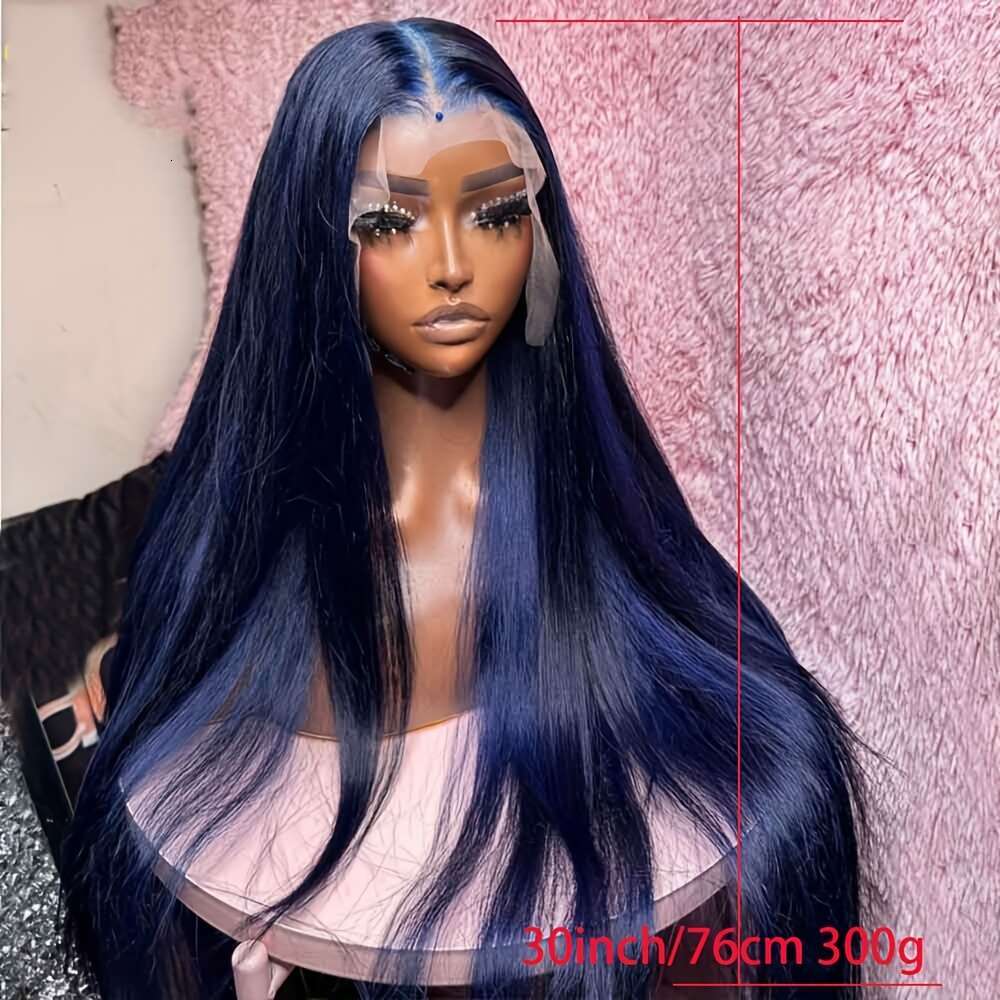 Long Dark Blue Navy Synthetic Wig Heat Resistant Up Glueless Lace Front Preplucked Hairline 180% Density Voluminous Straight Hair For