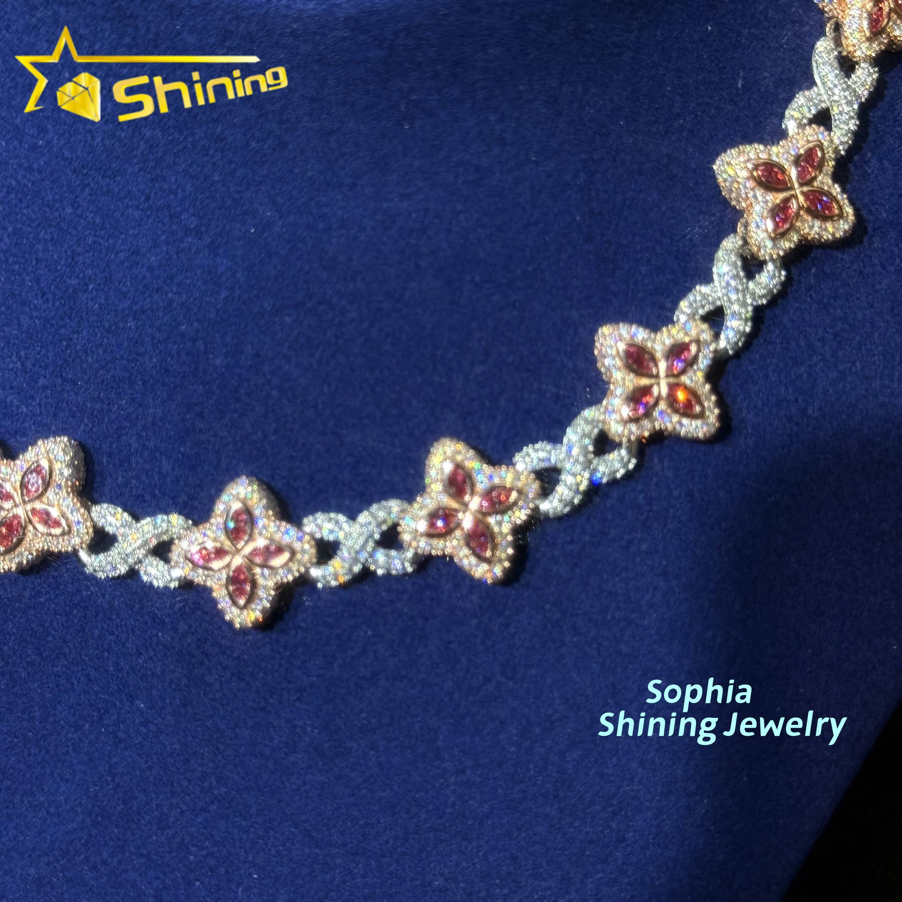 Unique Hip Hop Jewelry 15mm Fashion Clover Design VVS Pink Moissanite Diamond Custom 925 Silver Iced Out Infinity Cuban Chain