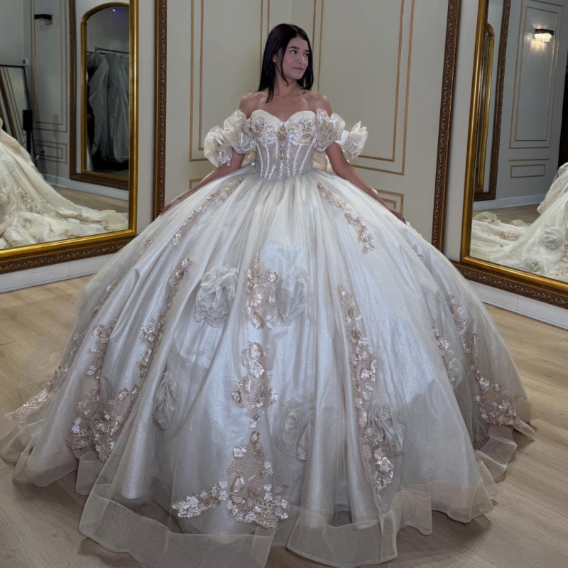 Light Champagne Shiny Quinceanera Dresses Off The Shoulder Applique Flower Beading Crystal Tull Party Birthday Sweet 16 Dress Vestidos 15 De Anos