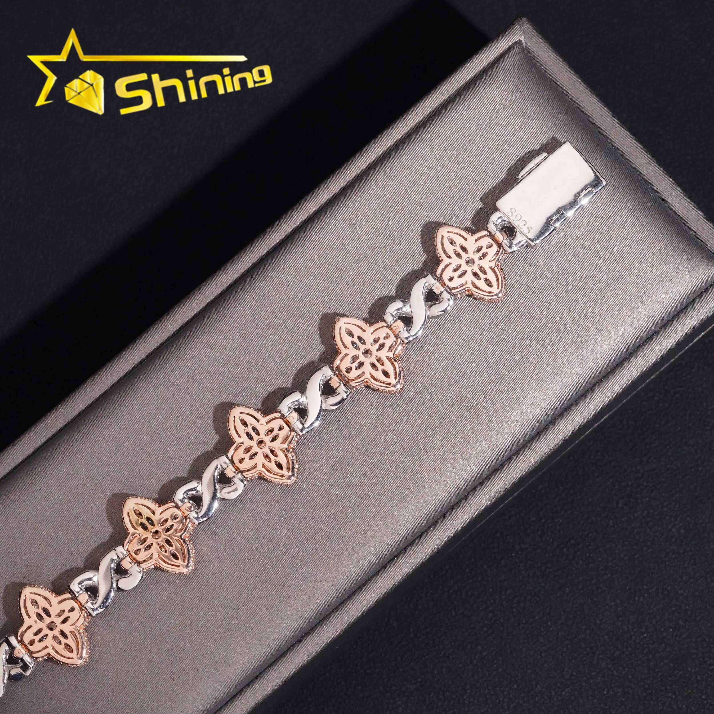 GRA Certified 925 Sterling Silver Hip Hop Two Tone Infinity Sapphire Marquise Clover Moissanite Diamond Bracelet