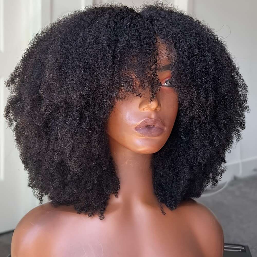 180% Density Brazilian Virgin Human Afro Kinky Curly Wig With Bangs - Hine-Made Scalp Top, 14-20 Inch Lengths, Natural Black For & All Ethnicities, El