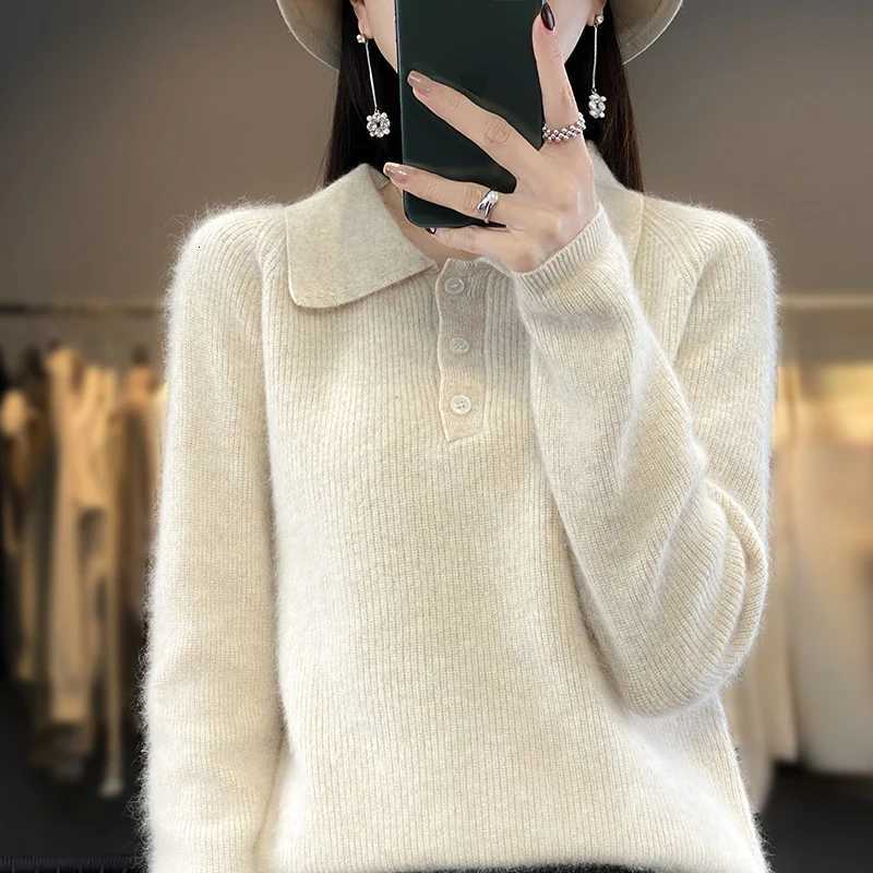 RONGYI Autumn And Winter New 100 Mink Cashmere Lapel Womens Solid Color Loose Pullover Knitted Padded Warm Long Sleeve TopT251027