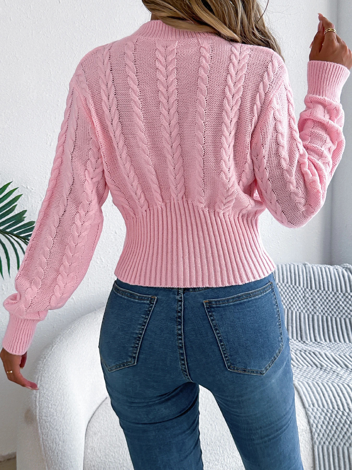 Womens Solid Color Twist Knitted Sweaters 2025 Autumn Winter Casual Mock Neck Waist Cinching Lantern Long Sleeve Pullover Pink 251027