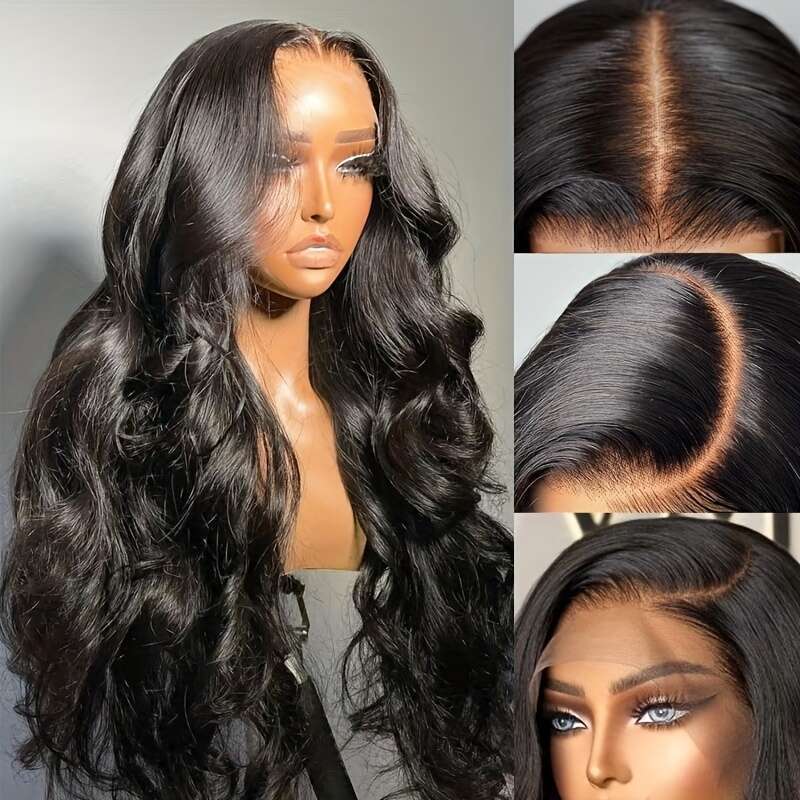 Women's 13X4 Transparent Female Remy Brazilian Hair Pre-Drawn Body Wave Gel Free Wear And Go Lace Front Wig 200% Density Natural Black