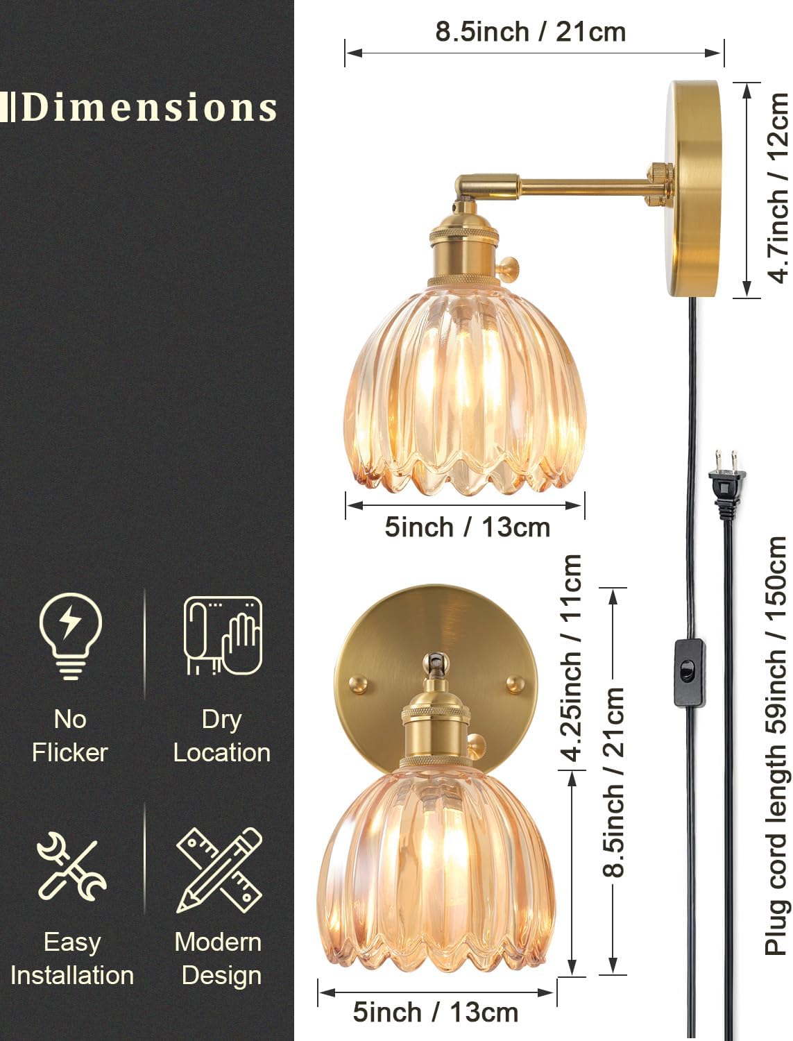 Plug in and Hardwired Wall Sconces, Luxury Vintage Tulip Crystal Glass Shade Wall Light with Switch for Bedside Bedroom Living Room