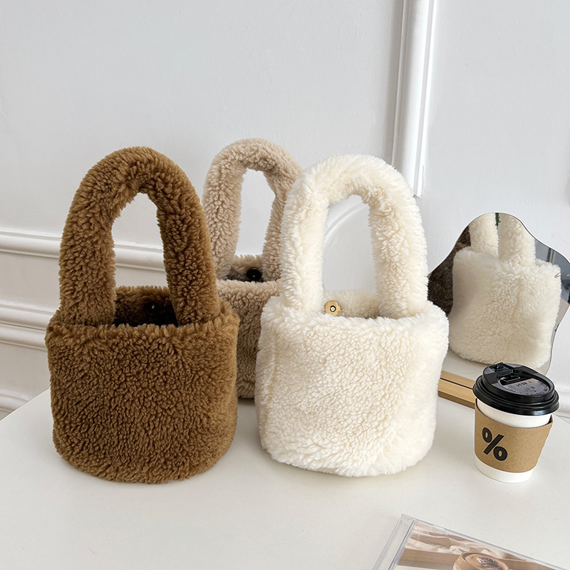 Faux Sheep Wool Small for Women Winter New Solid Color Handbag Niche Fluffy Bucket Bag
