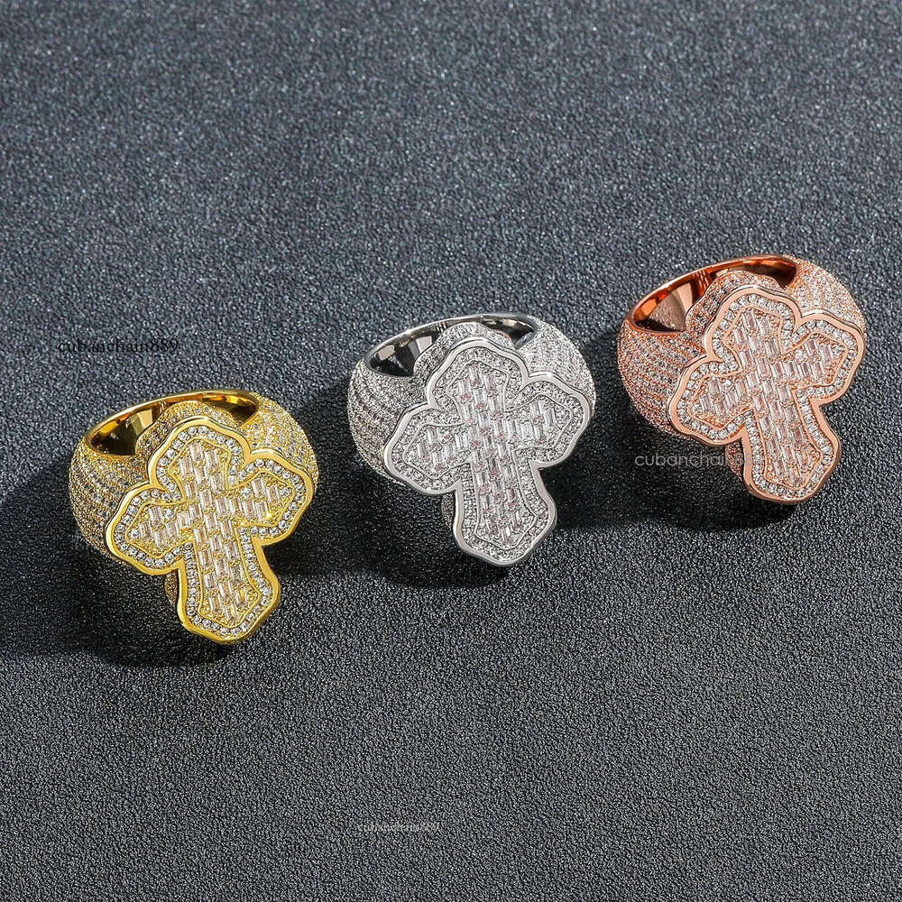 Hip hop personalized cross micro inlaid T-shaped Moissanite mens ring creative niche fashion accessory moissanite