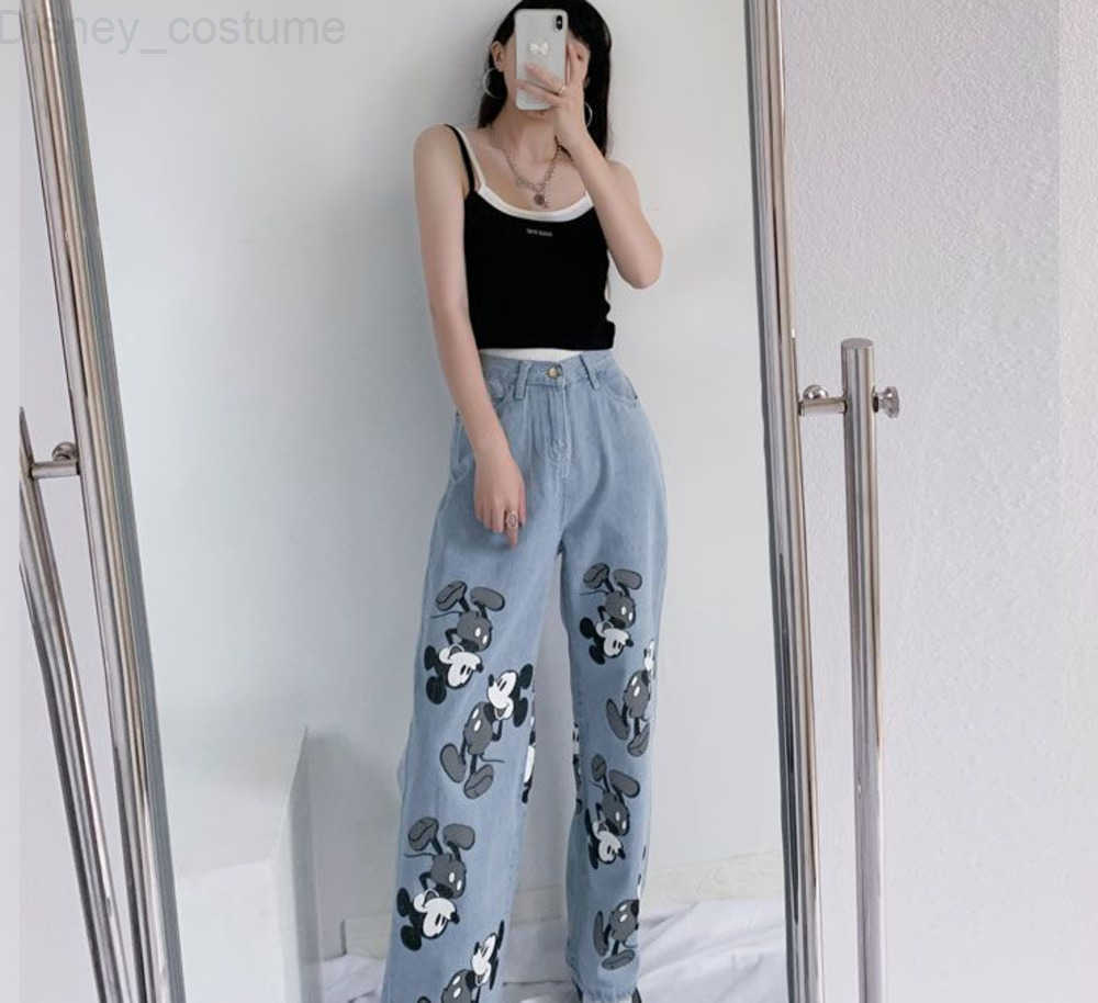 Disney Cute Trendy Cartoon Print Mickey Mouse Jeans for Women New Couple Casual Wide Leg Denim Pants Autumn Trousers Clothes H251027