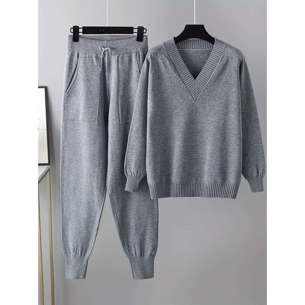 Two-Piece Set Two-Piece Set, Casual Solid Color V-Neck Sweater With Sleeves And Pants, No Belt, Regular Sleeve Length, Long Pants