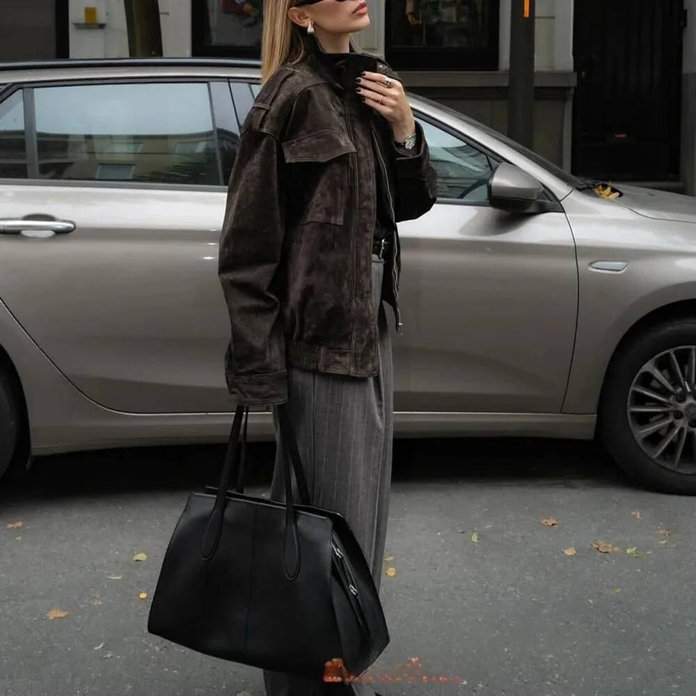 winter jacket women KONDALA Chic Suede Bomber Jackets Women Long Sleeve Pocket Straight Loose Coat Fashion 2025 Fall Winter Streetwear Outwear