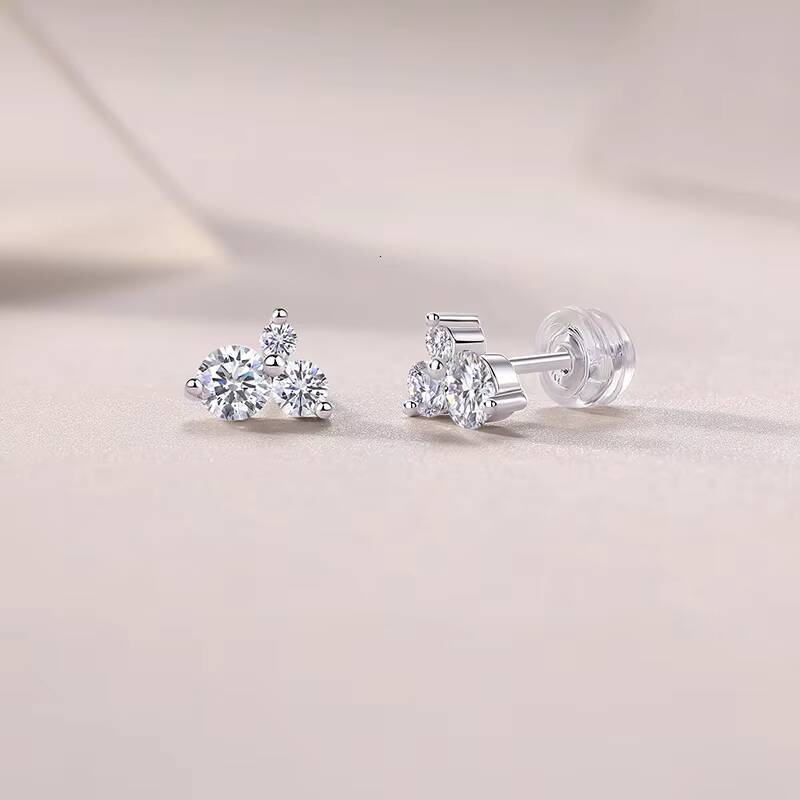 Women 925 Sterling Silver Jewelry ThreeStone Round Brilliant Cut Moissanite Diamond Stud Earrings