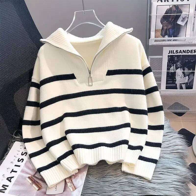 Sweater Pullover Women Spring And Autumn Underwear 2025 New Zipper Stripe Underlay Short Style Popular Premium Sweater Female Women Sweater Designer S