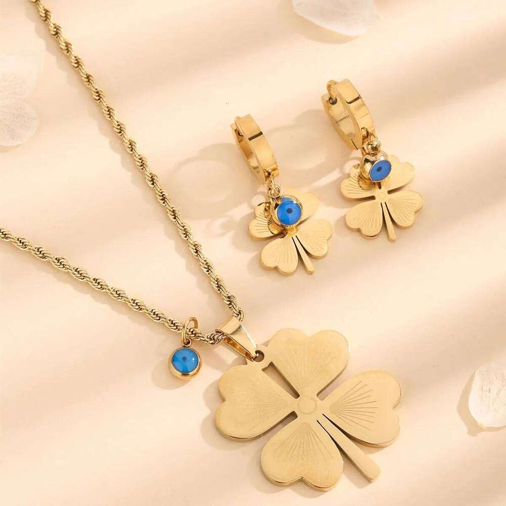 Titanium Steel Blue Eye Engraved Four-Leaf Clover Pendant Necklace Earring Jewelry Set