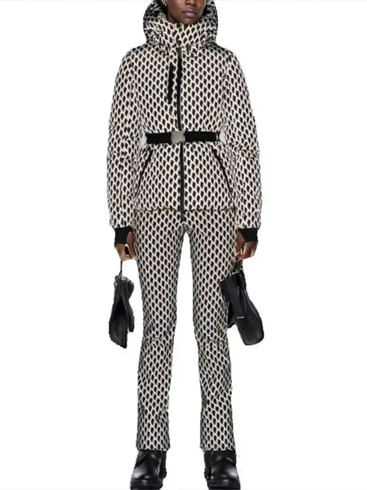 Womens Winter Hooded Padded Sport Parkas Pants 2 PCS Set Belt Female Elegant Warm Windproof Skiing Coats Jackets Trousers 251027