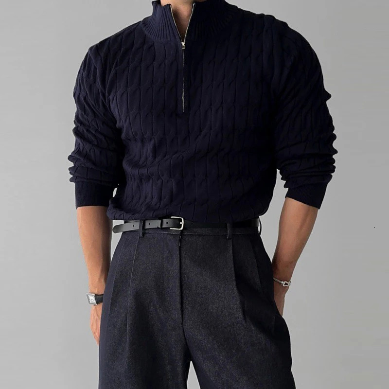 Mens Leisure Knit Mock Turtleneck Zipper Pullover Sweater Streetwear Retro Solid Long Sleeve Korean Knitwear 251016