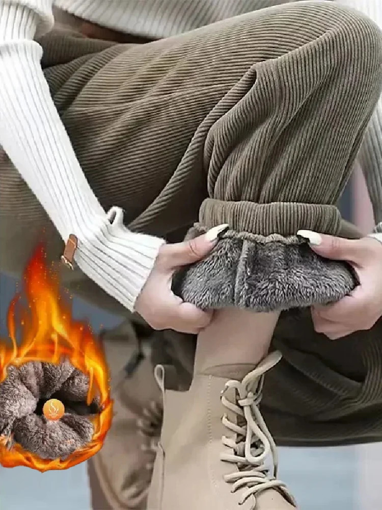 Solid Casual Thicken Women Corduroy Pants Lamb Fleece Padded Cashmere Warm Sweatpants Female Elastic Waist Soft Fur Trousers 251027