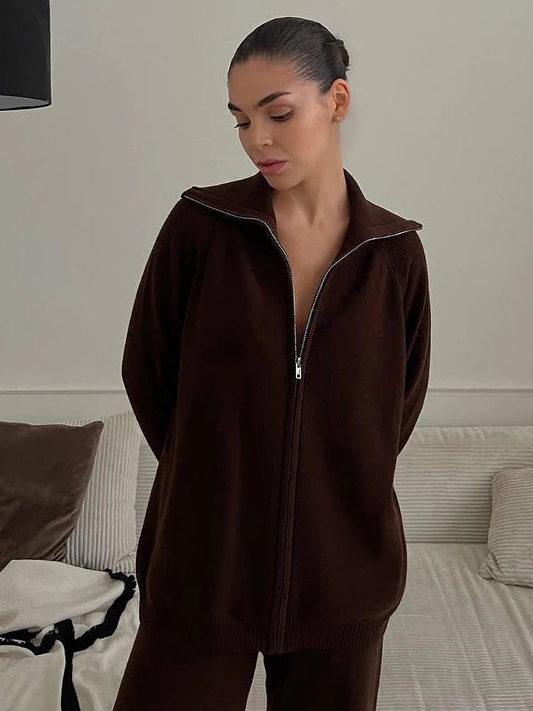 Loose Jacket Pants Knitted Lady Set Solid Color Zipper Jackets High Waist Trousers Casual Street Women Warm TwoPiece Suits 251013