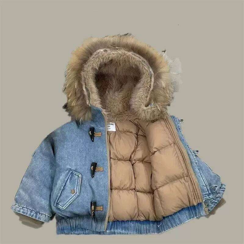 Children Winter Jackets Denim Padded Outerwear Coat For 4-14Y Kids Faux Fur Hooded Young Teens Boys Warm Parkas