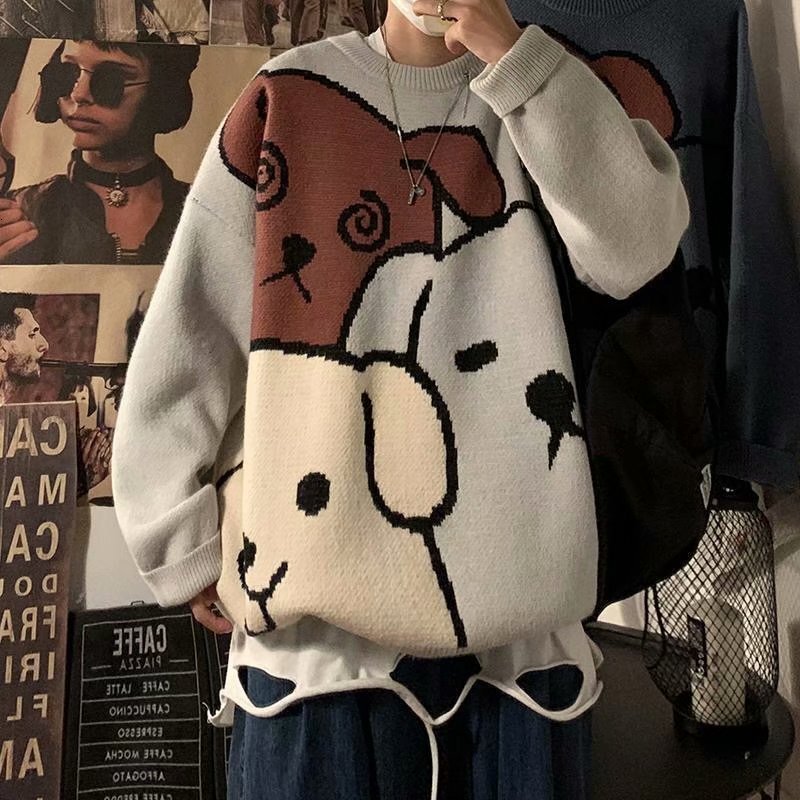 Men's Sweater Korean Style Loose Fit Autumn Winter Thickened Trendy Designer Sweater Ins Lazy Style Knitted Sweater Cartoon Bear Round Neck Wool 