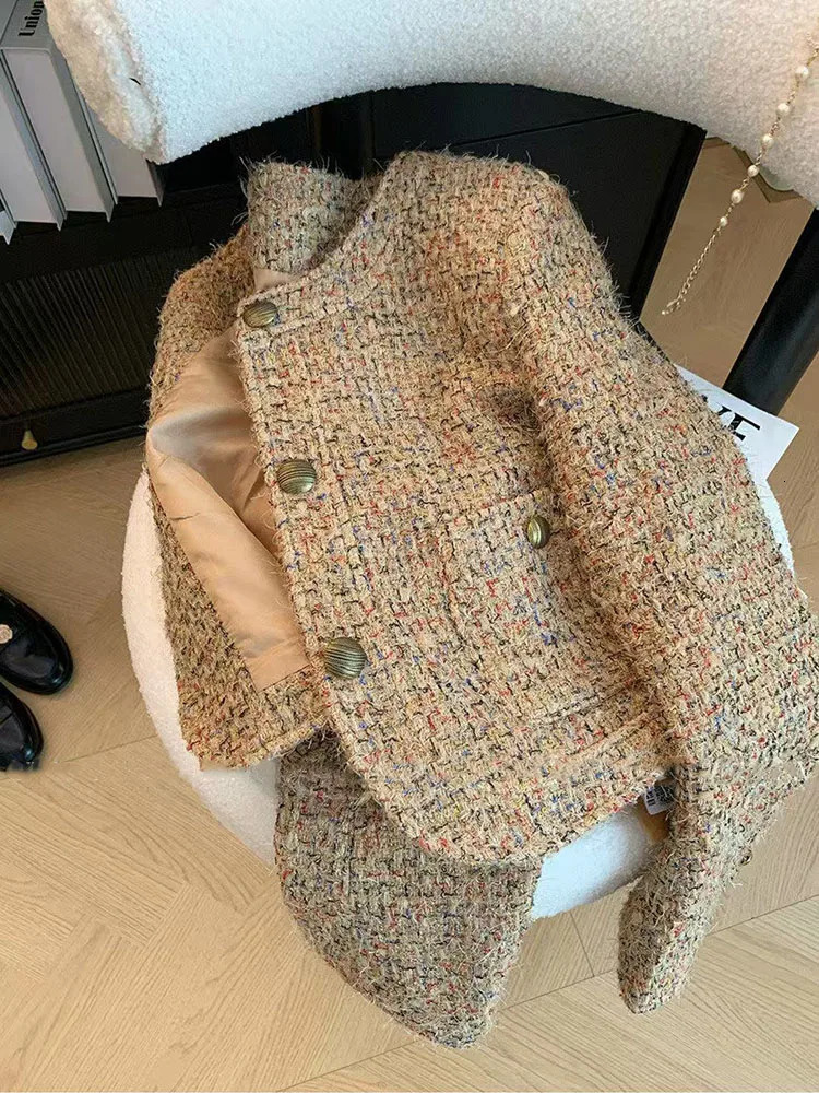 Vintage Tweed Jacket Women Korean Elegant Single Breasted O Neck Crop Coats Y2K Autumn Office Lady Casual Outwear 251027