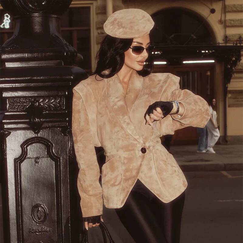 winter jacket women Fashion Dark Color Suede Fabric Stand Up Collar Jacket Women Causal Waist Cinched Broad Shoulder Coat Autumn High Street Outwear