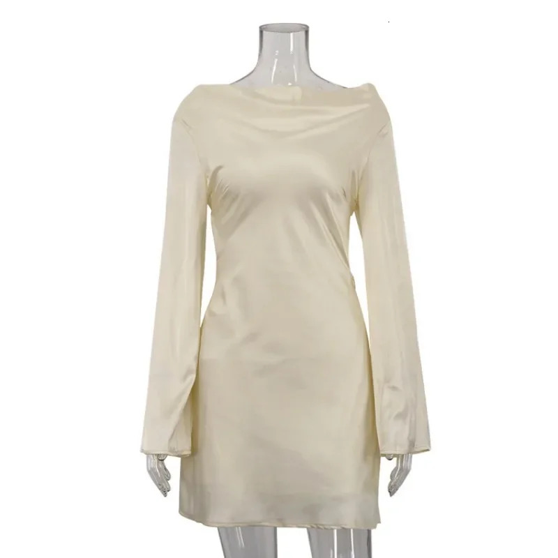 Tuularose Satin Backless Dress Womens Sexy Hollow Lace Up Long Sleeve ALine Short Dress Elegant Swing Neck Party Evening Dress 251027