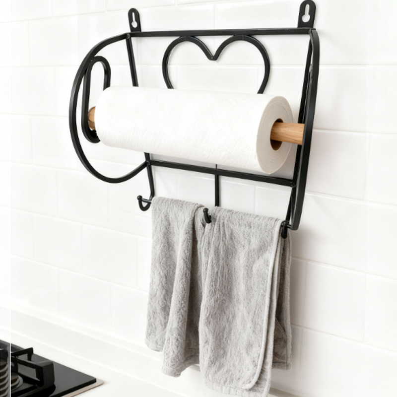 Vintage Black Iron Heart Paper Towel Holder with Wood Rod & 3 Hooks, Wall-Mounted Kitchen/Bathroom Organizer Rack