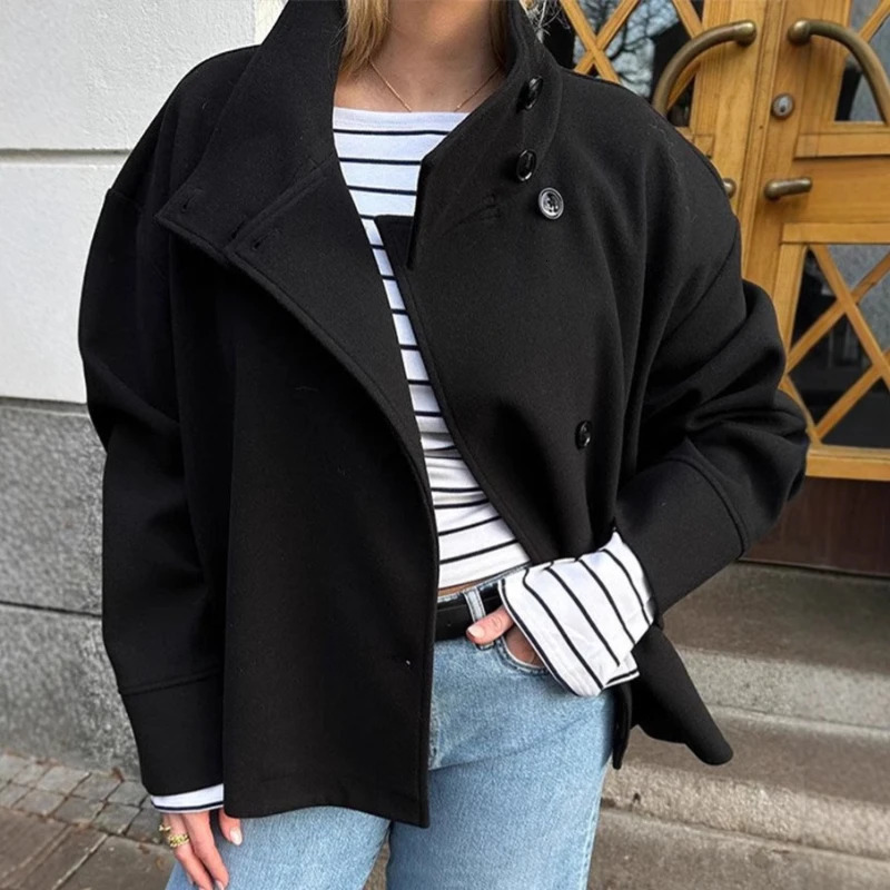 Stand Collar Women Winter Woolen Coats Spring Single Breasted Loose Female Long Sleeve Jacket Office Lady Street Short Coat 251027