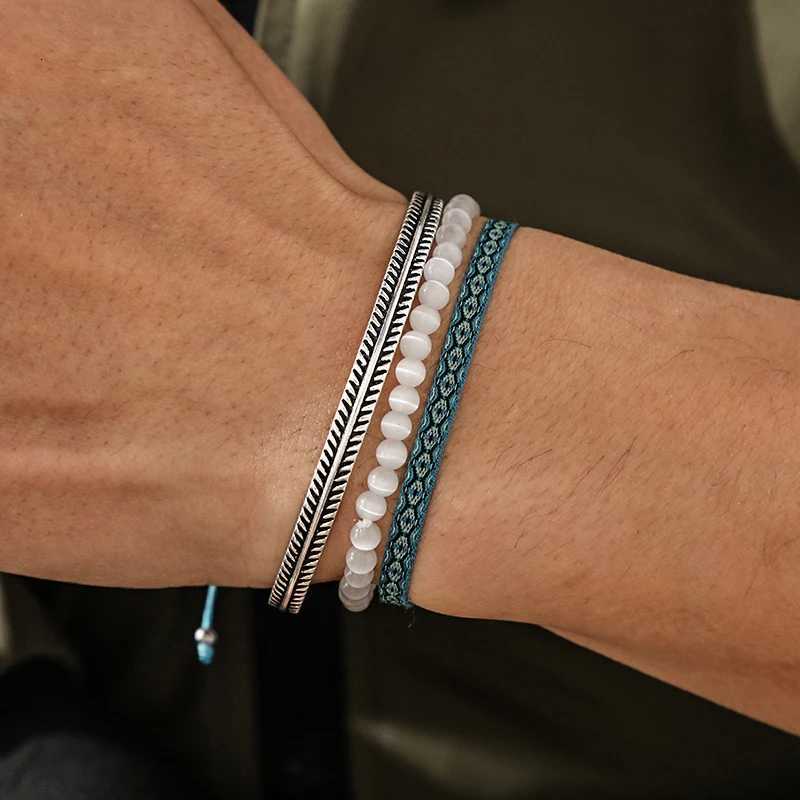 Handmade Vintage 925 Tibetan Silver CBracet White Moonlight Stone Beaded Cotton Rope Bracet Daily 3Pcs Set Unisex JewelryW251027