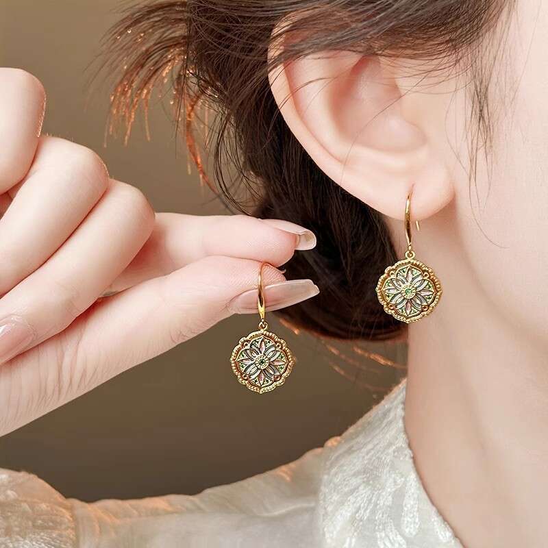 Vintage Style Enamel Pattern Earrings Niche Design Light High-end Feel Hooks Elegant Versatile Ear Accessories