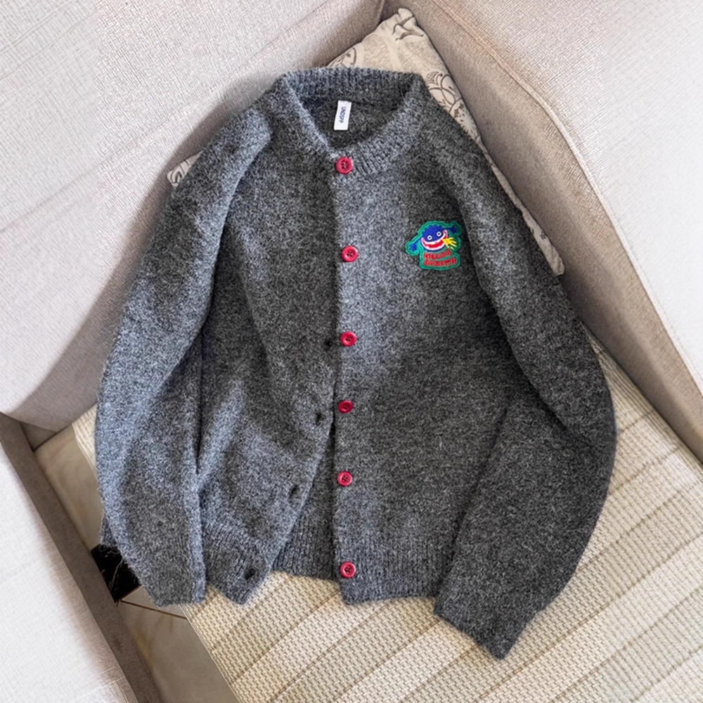 Cartoon Embroidered Designer Sweater Label Gray High-end Sweater Knitted Cardigan Autumn Winter Lazy Casual Couple Top Sweater Trendy
