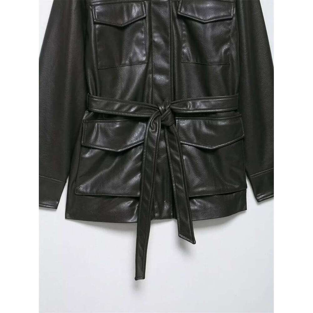 Women's New Fall 2025 Dark Green Long-Sleeved Faux Leather Jacket Pocket Decoration With Belt Casual Personality Mot