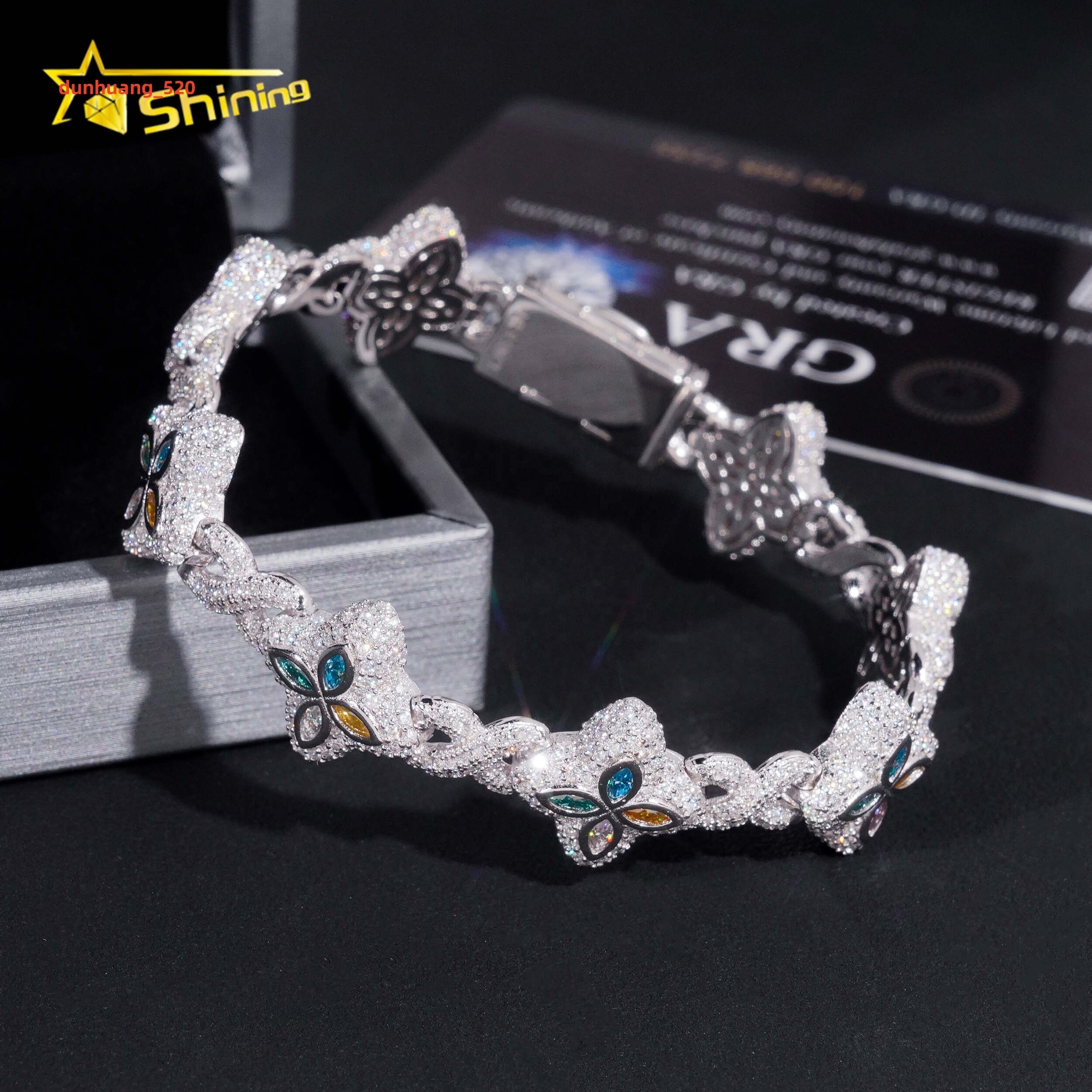 Custom Luxury Iced Out Hip Hop Moissanite Diamond 925 Silver Cuban Link Chain Bracelet Popular Colorful Flower Clover Bracelet