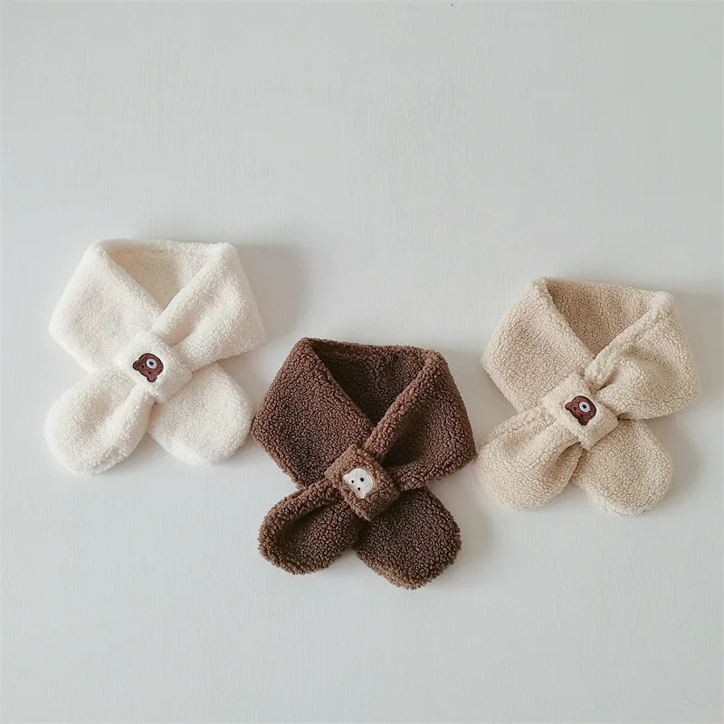 Cute Bear Baby Scarf Solid Color Cartoon Plush Neckerchief for Boy Girl Winter Warm Thicken Lamb Fleece Kids Cross Scarves 251027