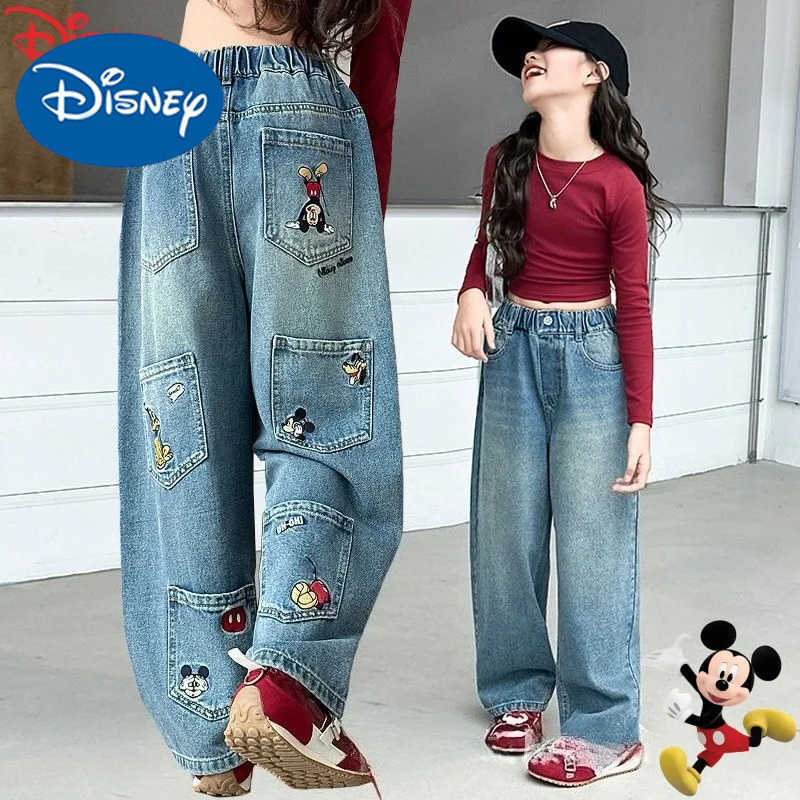 Disney Mickey Womens New Cute Creative Cartoon Pattern Casual Fashion Loose Comfortable MultiPocket Personalized Denim Pants H251027