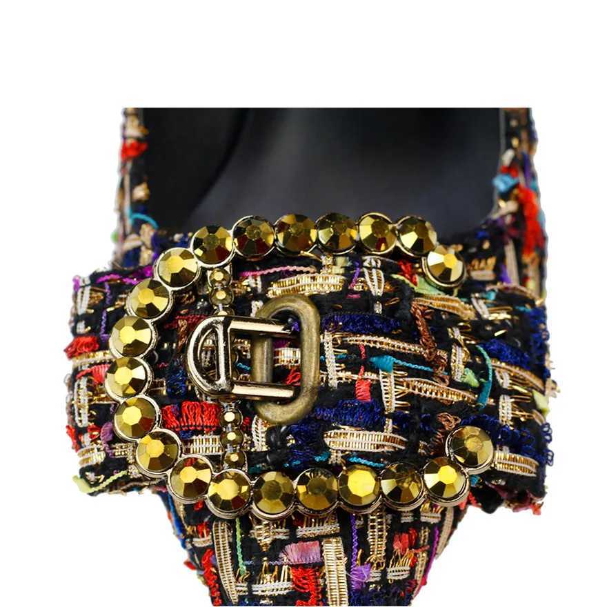 Korean Mixed Colors Woolen Women Pumps New Elegant Crystal Metal Buckle Womens High Heel Shoes Autumn Shallow Dress Office ShoeXJ251027