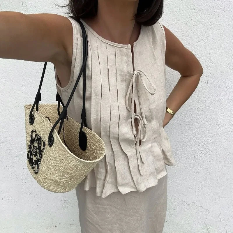 Trendix Solid Rib Bandage Sleeveless Vest For Women Hollow Out Patchwork Folds Slim Tank Tops Summer Fashion Sexy Lace Up Vest 251027