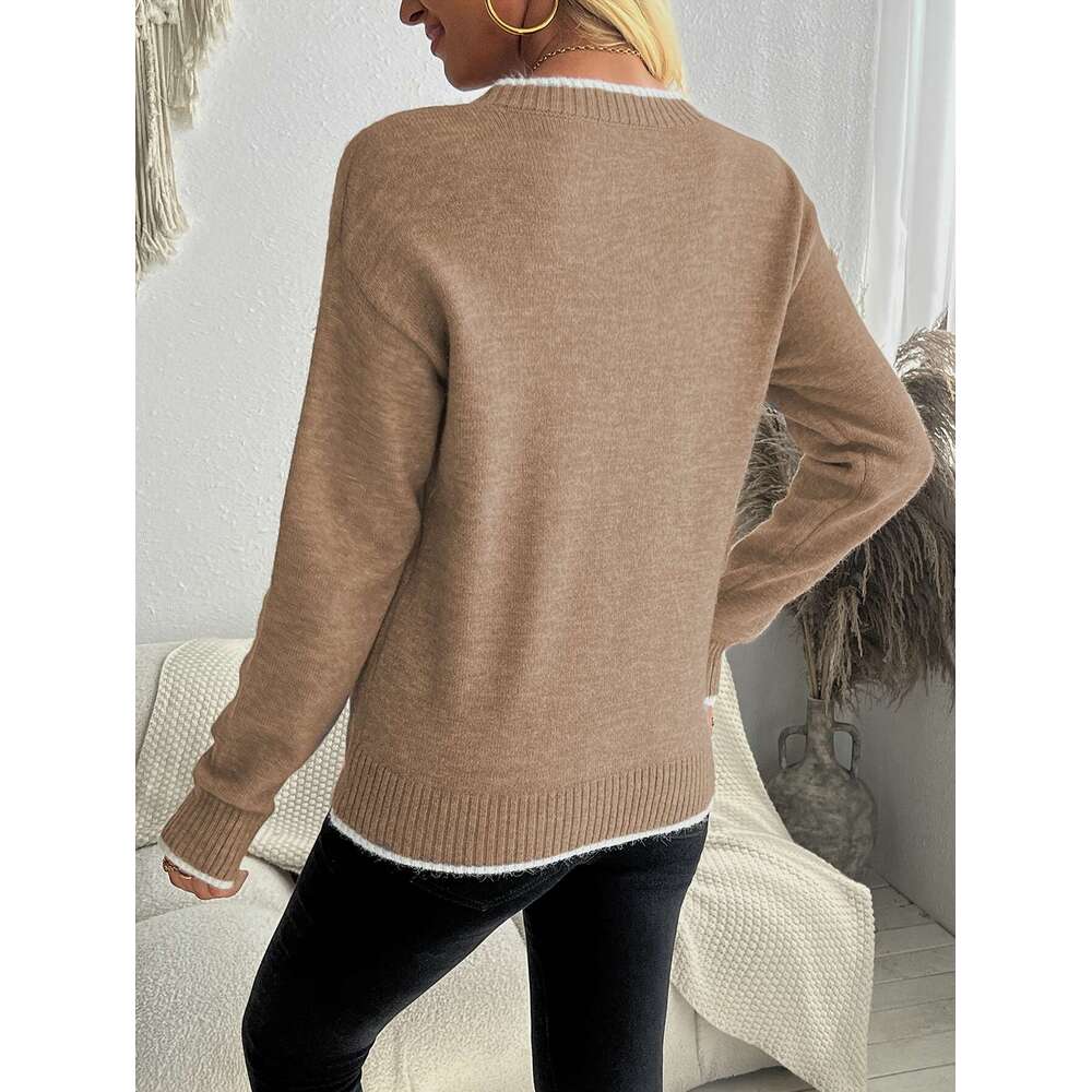 European American Autumn And Winter Pullover Knitted Sweater With Snowflake Jacquard, Round Neck Women's Top.
