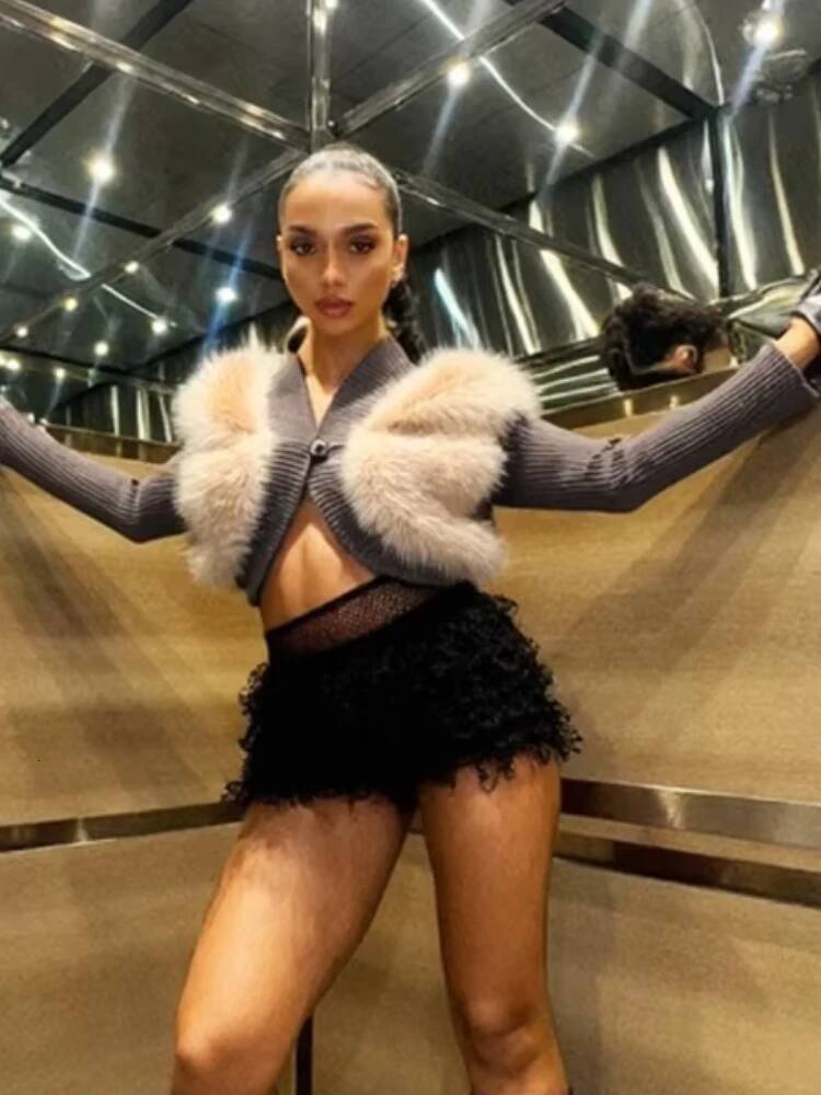 winter jacket women Nibber Patchwork Fluffy Crop Tops Women Single Buckle Sexy Streetwear Fall Fashion Skinny Casual Elegant Cardigan Coat